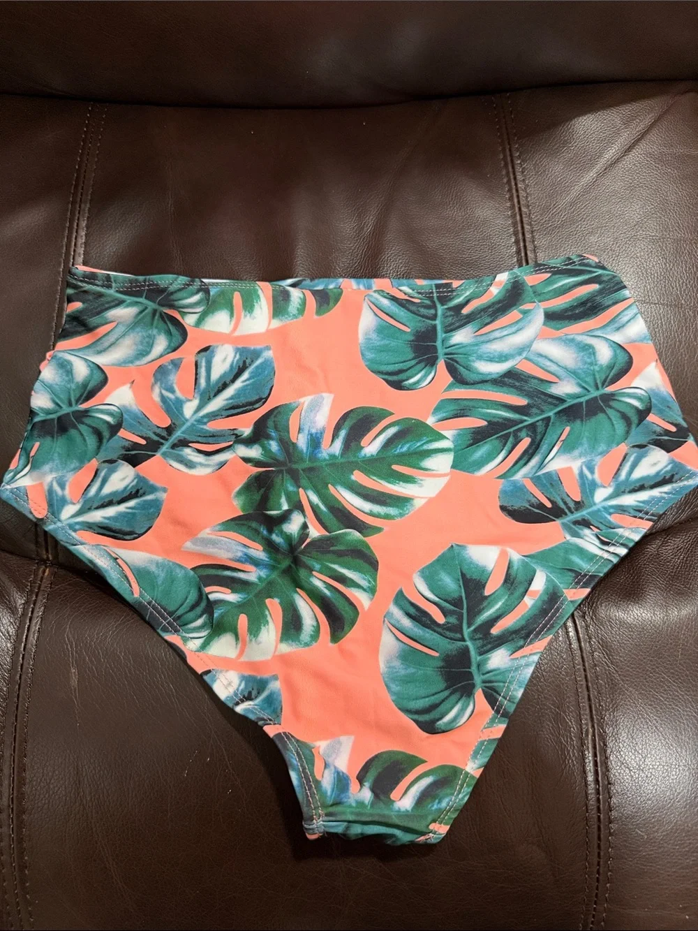 High-Waist Tropical Leaf Bikini Bottoms - Coral & Green